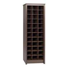 a tall bookcase with many compartments on the front and bottom shelves in dark brown