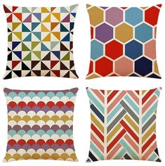 four pillows with different patterns on them in various shapes and sizes, one is multicolored