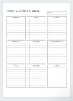 the printable weekly agenda planner is shown in black and white, with lines on it