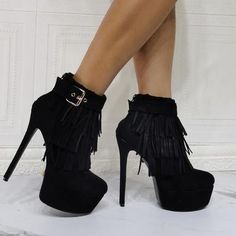 HIGH HEELS ? · Eoooh❣❣ · Online Store Powered by Storenvy Boots With Fringe, Suede Shoes Women, Black Suede Shoes, Black Suede Ankle Boots, Platform Stilettos, Estilo Chic, Heel Ankle Boots, Prom Shoes, Suede Fringe