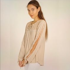 Taupe Colored Slit Sleeve Cotton Blouse. Tie At Wrist And Front At Neckline. 100% Cotton. Lace Design On Top. Shirt Wrinkles, Strapless Crop Top, Women Tunic Tops, Mesh Sleeves, Print Crop Tops, Taupe Color, Cotton Blouse, Womens Tunics, Cotton Blouses