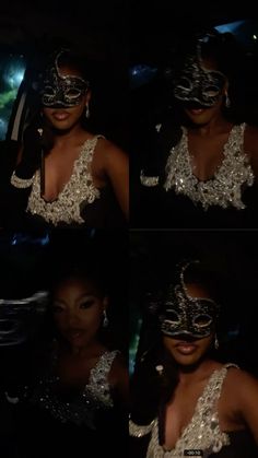 a woman wearing a masquerade in the dark with her face covered by silver sequins