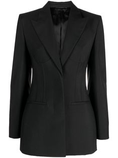 black wool-mohair blend shoulder pads long sleeves concealed front button fastening peak lapels two front welt pockets fitted waistline straight hem Ysl Blazer, Bohemian Wedding Guest, Versace Outfit, City Dress, Jacket Design, Summer Beach Wear, Black Blazers, Black Wool, Ski Wear