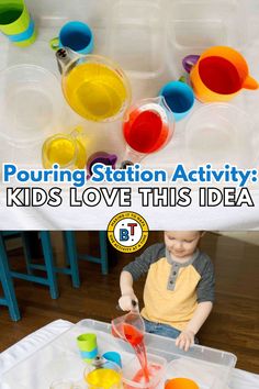 Click here to see a quick and easy activity from Busy Toddler. This pouring station gives toddlers and preschoolers an opportunity to explore pouring, volume, and color mixing all at the same time. Pouring Station, Easy Toddler Activities, Toddler Safety, Station Activities, Life Skills Activities, Toddler Activity, Easy Toddler, Toddlers And Preschoolers