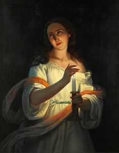 a painting of a woman holding a candle in her right hand and wearing a white dress