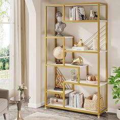 Tribesigns 70.9 Inches Tall Bookshelf, Modern 8-Tier Staggered Display Shelf with Faux Marble Shelves and Gold Metal Image 1 Staggered Bookshelf, Laundry/mudroom Ideas, Marble Shelves, Gold Bookshelf, Tall Bookshelf, Rococo Furniture, Tall Bookshelves, Fall Room Decor, Marble Shelf