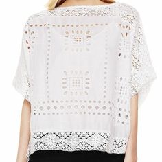 Vince Camuto Embroidered Eyelet Poncho White M Nwt! $149 This Beautifully Designed Poncho Is Accented With Lovely Eyelet Detailing And Embroidered Trim. Boatneck. Eyelet. Embroidered Detailing. Cotton. Machine Wash. Imported. Style: 9135036 Color: Ultra White Condition: Brand New With Original Retail Tag. Retail: $149 Spring Beach Cover-up Tops With Lace Trim, Chic Embroidered Beach Tops, Spring Beach Cover-up Tops With Batwing Sleeve, White Poncho For Spring Beach Cover-up, Spring Beach Cover-up Top With Batwing Sleeves, White Poncho For Beach Cover-up In Spring, White Polka Dot Top, Flower Print Blouse, Poncho Top