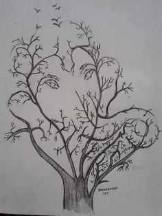 a drawing of a tree with birds flying around it