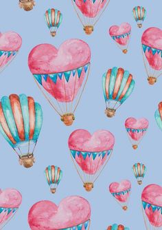 watercolor hot air balloons in the shape of hearts on a blue background with gold trim