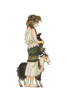 a drawing of a woman standing on top of a horse next to a goat in front of a white background