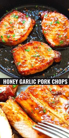 two pictures showing how to make honey garlic pork chops