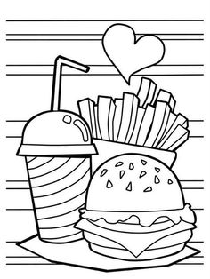 a drawing of a burger and fries with a heart on the table next to it