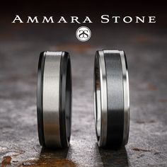 two wedding bands with black and silver inlays are on the cover of an ad for amara stone