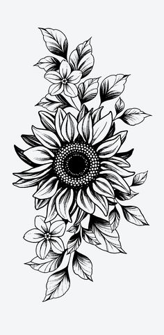 a black and white drawing of a sunflower with lots of leaves on the petals