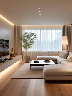 a modern living room with white furniture and wood flooring is lit by recessed lighting