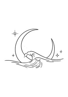 a black and white drawing of a wave in the ocean with a half moon above it