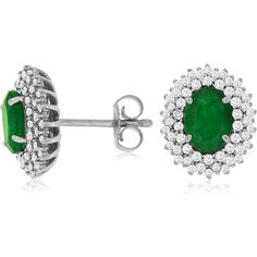 Royal 14K White Gold Emerald and Diamond Halo Stud Earrings - 0.50 Carat Total Diamond Weight, 1.40 Carat Total Emerald Weight Luxury Green Diamond Earrings With Prong Setting, Formal Emerald Earrings With Prong Setting, Luxury Emerald Earrings With Diamond Accents, Classic Green Diamond Earrings, Classic Emerald Earrings For Formal Occasions, Classic Gia Certified Green Diamond Earrings, Classic Green Gia Certified Diamond Earrings, Classic Formal Emerald Earrings, Classic Emerald Diamond Earrings Gia Certified