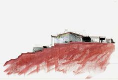 a drawing of a house sitting on top of a red hill next to a building