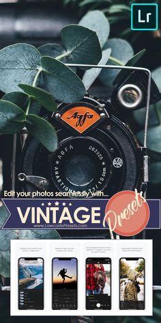 an image of a camera and some plants with the words vintage photoshopped on it