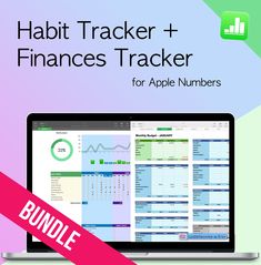 a laptop with the text habit tracker and finance tracker for apple numbers