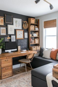 a home office with lots of pictures on the wall