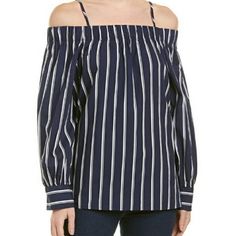 This Beautiful Navy Blue With White Stripes Off The Shoulder Blouse Has Long Sleeves, 3 Inch Cuffs, Elastic Neckline And Spaghetti Straps. Armpit To Armpit Is 22 Inches And The Length From Neckline To Hemline Is 22 Inches. Actual Top Is The Same As Stock Pictures. 22/01/21bo Chic Navy Fitted Tops, Navy Long Sleeve Blouse For Summer, Navy Chic Fitted Tops, Elegant Navy Tops For Spring, Elegant Off-shoulder Cotton Top, Elegant Off-shoulder Tops For Daywear, Off-shoulder Spring Blouse For Work, Navy Chic Blouse For Spring, Spring Off-shoulder Blouse For Workwear