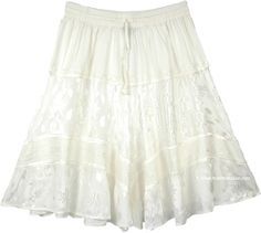 Comfortable soft texture, stonewashed pearl white knee-length rayon skirt with solid rayon and jacquard fabric patchwork. A modern take on the rodeo chic style in urban colors; all our festival skirts will make you proud. #tlb #Patchwork #Embroidered #JuniorPetite #Misses #Solid #WesternSkirts #WhiteShortSkirt #WesternSkirtWhite White Rayon Skirt For Summer, White Rayon Summer Skirt, Summer Knee-length Rayon Skirt, Rodeo Chic, Western Embroidery, Western Skirts, Rayon Skirt, Fabric Patchwork, We Are Festival