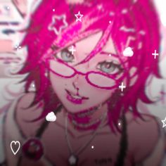 a drawing of a girl with pink hair wearing glasses and stars on her head, in front of a white background