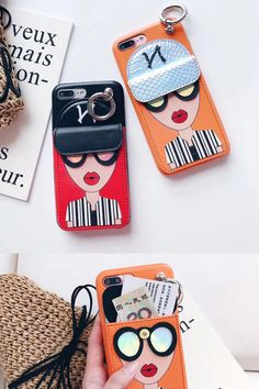 three cell phones with different designs on them, one has a key chain and the other has