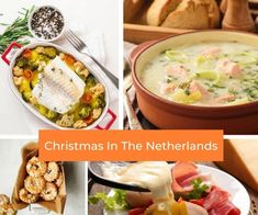 christmas in the netherlands collage with images of food and bread on it