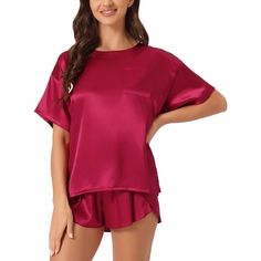 Casual round neck shirt and shorts 2 piece sleepwear set is easy to put on or take off, giving you a light and simple sleep wear experience and keeping you cozy and comfortable all day. Made of soft smooth satin fabric, this basic classic round neck shirt and elastic shorts, offer soft, lightweight, breathable, and comfortable to you. This lounge set features elastic waist shorts, with curve hem, sliky satin, adding a feminine feel and keeping comfort all-night wear. It would be a good choice fo Solid Short Sleeve Bedtime Sets, Solid Color Short Sleeve Sleepwear For Pajama Party, Summer Bedtime Crew Neck Top, Solid Color Pajama Shorts For Sleep, Shorts Sleepwear, Elastic Shorts, Sleep Wear, Round Neck Shirt, Satin Pyjama Set