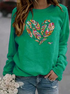 Green Casual Graphic Tops Round Neck Long Sleeve Heart Printed Sweatshirts Long Sleeve Tops With Heart Print For Spring, Cotton Long Sleeve Sweater With Heart Print, Cotton Heart Print Sweater For Fall, Casual Heart Print Sweater For Spring, Winter Cotton Tops With Heart Graphic, Long Sleeve Cotton T-shirt With Heart Print, Fall Long Sleeve Top With Heart Graphic, Cotton Tops With Heart Graphic For Winter, Spring Long Sleeve Tops With Heart Graphic