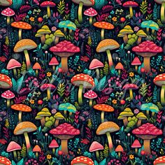 colorful mushrooms and plants on a dark background with blue, green, red, yellow and orange colors