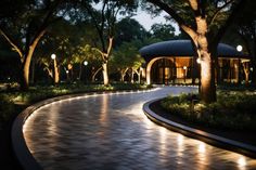 Accent Lighting driveway entrance House Road Entrance, Drive Entrance Landscaping, Incline Driveway Ideas, Shrub Lined Driveway, Circle Drive Landscaping Ideas, Long Winding Driveway, Half Circle Driveway Ideas Front Yards, Cool Driveway Ideas, Mansion Driveway Entrance