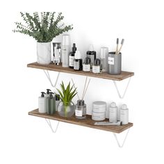 two wooden shelves with various items on them and a potted plant in the middle