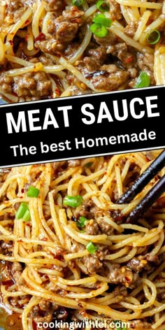 meat sauce in a bowl with noodles and green onions on the side text overlay reads meat sauce the best homemade