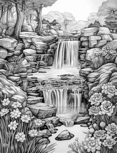 a drawing of a waterfall surrounded by rocks and flowers in the foreground, with trees on either side