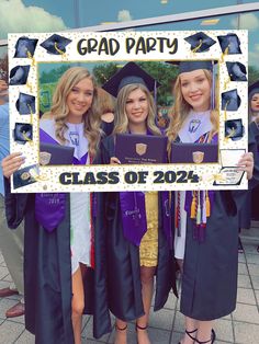 three girls in graduation gowns holding up a sign that says class of 2020 with the words grad party