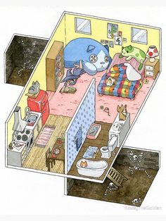 a drawing of a bedroom with an animal on the bed and other things in the room