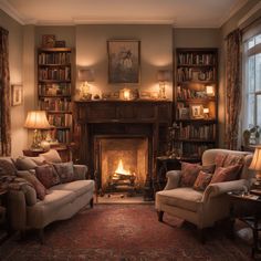 a living room with two couches and a fire place in the middle of it