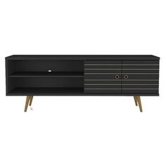 an entertainment unit with two drawers and three wooden legs, in black finish on white background