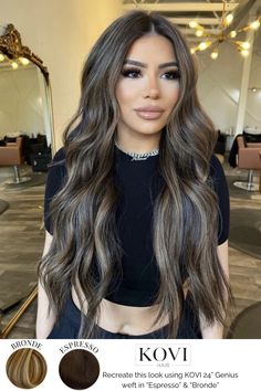 Dark Brown Mixed With Light Brown Hair, Dark Brown With Blonde Highlights Ombre, Caramel Ash Highlights, Darker Hair Balayage, Full Highlight On Black Hair, Jess Vestal Hair, Summer Hair For Black Hair, Teddy Bear Brown Highlights, Highlights On Tan Skin