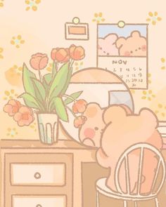 a teddy bear sitting at a desk with flowers in a vase