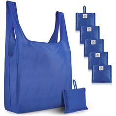 six blue shopping bags next to each other