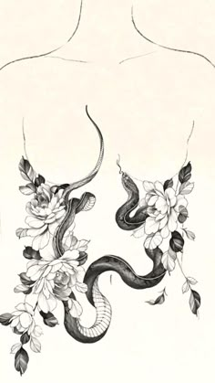 the back of a woman's torso with flowers and snakes on her chest, in black and white