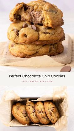 three different views of chocolate chip cookies stacked on top of each other