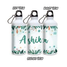 three water bottles with the words asken written in green and white lettering on them