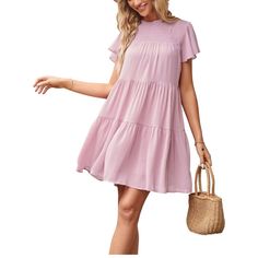 Women Dress Casual Dresses Perfect For Beach Outdoor Gathering Shopping Small Flowy Purple Mini Dress For Summer, Feminine Summer Mauve Mini Dress, Lavender Knee-length Mini Dress For Summer, Purple Short Sleeve Mini Dress For Day Out, Purple Mini Dress With Short Sleeves For Day Out, Flowy Purple Mini Dress With Short Sleeves, Casual Lavender Mini Dress For Vacation, Purple Flowy Mini Dress For Vacation, Flowy Purple Mini Dress For Vacation