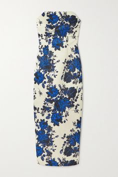 Emilia Wickstead's 'Yulie' dress is patterned with vivid blue bouquets - her collections are never complete without a beautiful, flourishing print. Cut from structured taffeta-faille in an elegant column silhouette, it has a strapless neckline and midi hem. Wear yours with pumps and sapphire earrings. Blue Bouquets, Emilia Wickstead, Blue Bouquet, Strapless Neckline, Sapphire Earrings, Blue Midi Dress, Yule, Women Collection, Midi Length