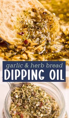 garlic and herb bread dipping oil in a glass jar with the title above it